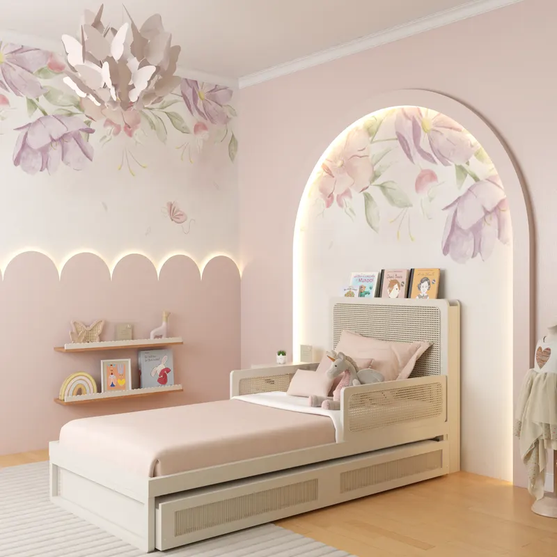 Quarto infantil montado com cama e guarda-roupa